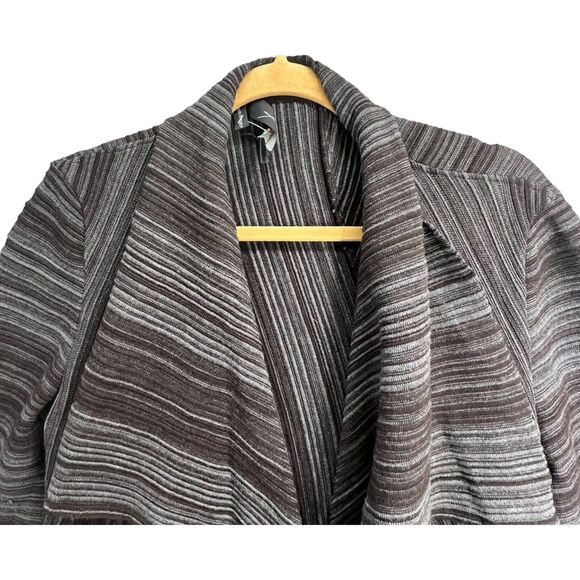 Fusun Cardigan Sweater L Brown Gray Abstract Stripe Merino Wool Open Lagenlook - Picture 2 of 16
